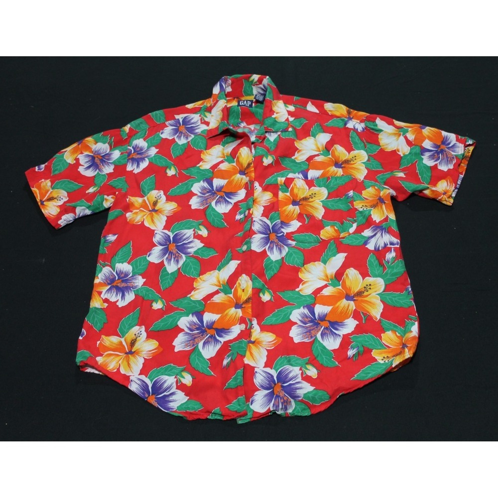 Vintage GAP Hawaiian Shirt Mens Medium Red Floral Rayon Collar Short Sleeve FLAW